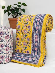Couette Kantha de luxe faite à la main 100% coton, taille Queen, imprimé floral bleu, réversible, durable et respirante, lavable - Product Image 6