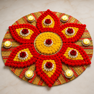 Alfombra Rangoli Hecha a Mano con Pompones Rojos y Amarillos, Decoración con Velas Diya y Rosas para Diwali, Bodas, Puja, Decoración de Piso - Product Image 2