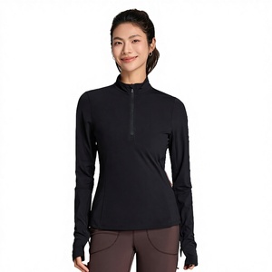 Hauts de sport à manches longues pour femmes de haute qualité, avec fermeture éclair, couleur unie, séchage rapide, pour activités sportives - Product Image 2