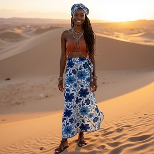 Boho กระโปรงยิปซีเก๋ไก๋สำหรับสาวๆสายรัดเอวยางยืดเนื้อนุ่มพิมพ์ลายดอกไม้สีดำสีน้ำเงินพร้อมเชือกปรับได้ - Product Image 1