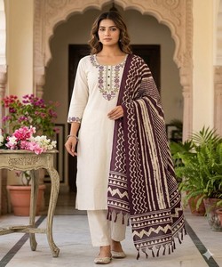 Women 3/4 Sleeve Embroidered Cotton Kurta Set With Dupatta Geometric Pattern O-Neck Full Length Casual Wear 85652 - Product Image 1
