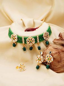 Beautiful Antique Ethnic Beaded Gold Plated Fancy Style Elegant Traditional Party Wear Fashion Necklace Earrings Ring Set - Product Image 6