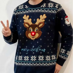 Men's LED <strong>Light</strong> up Rudolph Reindeer Ugly <strong>Christmas</strong> Sweater Fair Isle Jacquard Knitted <strong>Christmas</strong> <strong>Jumper</strong> <strong>With</strong> Santa Patch - Product Image 1