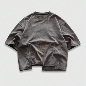 Camiseta Asimétrica Extra Grande para Hombre, Estilo Vintage Lavado, Color Gris, Estilo Urbano, Algodón, Hip Hop, Casual, Ecológica - Product Image 1