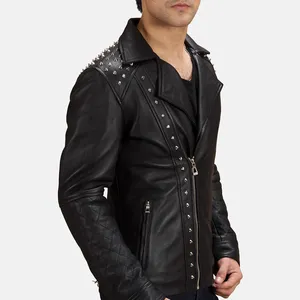 Mens Black Studded Quilted Genuine Leather Winter <b>Biker</b> <b>Jacket</b> - Product Image 2