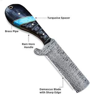 Couteau de boucher de cowboy en acier Damas forgé à la main, lame fixe pleine longueur, manche en corne de taureau, personnalisable OEM, avec étui en cuir plat - Product Image 2