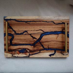 Regalos de cumpleaños 2026: Bandeja de servir de madera y resina con diseño de río y asa metálica para alimentos, frutas, postres y decoración del hogar. - Product Image 2