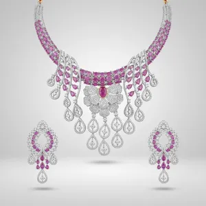 Conjunto de collar clásico de rubí para mujer con detalles de diamantes, chapado en plata, aleación de cobre con circonita, conjuntos de joyería de moda para boda - Product Image 2