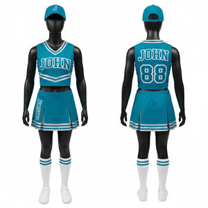 Uniforme de cheerleading pour femmes, tissu poly-spandex GSM Premium, design à panneaux bleu-orange-blanc, logo brodé, uniforme de cheerleader - Product Image 3