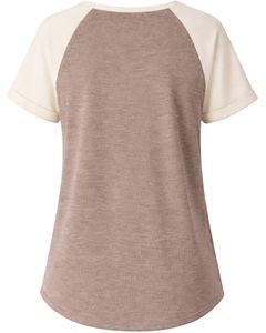 T-shirt femme beige taupe à manches courtes, col Henley, haut à manches raglan, coton doux, coupe ample décontractée, tee-shirt d'été respirant et confortable - Product Image 2