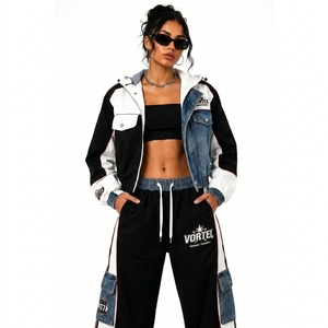Women's Oversized Street Style Denim Panel Slim Fit Jacket Pants Two Piece <b>Set</b> Cartoon Track <b>set</b> Loose Fit Full Length Track <b>Set</b> - Product Image 2