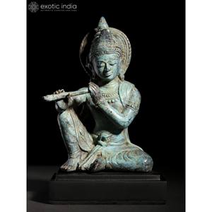 Exótica Escultura India Pequeña de 6 Pulgadas de Latón, Ídolo de Murli Manohar de Krishna Sentado sobre Base de Madera, Procedente de la India - Product Image 3