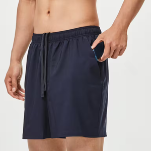 Men's Navy Solid Color Quick Dry Elastic Waist Shorts Mid Length Polyester Casual Sport Wear - Product Image 5