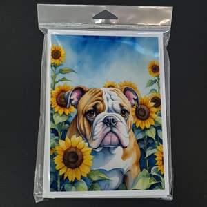 Whimsical A7 Tamaño 5x7 Tarjetas de notas en blanco Paquete de 8 Bulldog inglés en girasoles Tarjetas de felicitación con sobres - Product Image 3