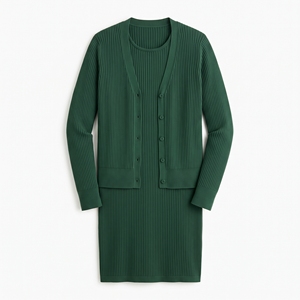 Conjunto de Cárdigan y Vestido de Punto Acanalado para Mujer, Elegante, de Dos Piezas, OEM, ODM, Venta al Por Mayor, Logotipo Personalizado de Fábrica, MOQ Bajo - Product Image 3