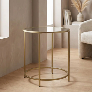Table basse moderne ronde en verre doré avec structure en métal Honghe UNF-9023, assemblage requis - Product Image 4