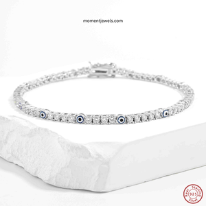 Pulsera de tenis de plata de ley 925 chapada en platino con circonita y amuleto de protección Nazar, joyería streetwear - Product Image 2