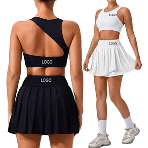 Women's 2 Piece Tennis Shorts Set Sleeveless Sports <b>Bra</b> Pleated High Waist Nylon Solid Color Gym Outfit - Product Image 1
