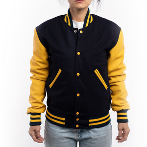 Veste universitaire unisexe bleu marine et jaune, style preppy, fermeture boutonnée, coupe classique, col rabattu, idéale pour l'automne - Product Image 1