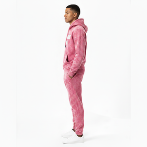 Ensemble survêtement rose délavé personnalisé avec logo pour homme – Hoodie et pantalon en molleton épais – Style streetwear – Service OEM - Product Image 3