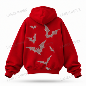Sweat-shirt à capuche zippé rouge surdimensionné personnalisé pour homme avec logo en strass, style streetwear épais, décontracté, hip-hop - Product Image 4