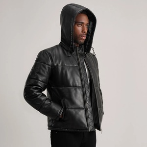 Veste matelassée à capuche pour homme Relevo Industries, en cuir PU noir, hiver, décontractée, fermeture éclair, coupe-vent, épaisse, pour homme - Product Image 3