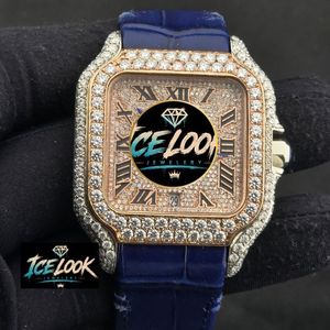 ICELOOK JEWELERY นาฬิกาข้อมือผู้ชายทรงสี่เหลี่ยมสีทองพร้อมขอบเพชรสายหนังสีน้ำเงินอะนาล็อกควอตซ์แสดงวันที่แฟชั่นหรูหรา 40 มม. - Product Image 5