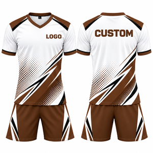 Uniforme de Fútbol Personalizado Blanco y Marrón, Cuello en V, Manga Corta, 100% Poliéster, Impresión Sublimada, Absorbe la Humedad, para Hombre Adulto - Product Image 1