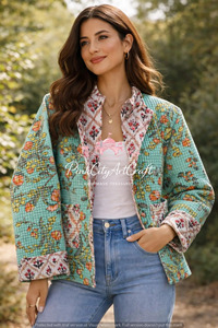 Handmade Knitted Indian Cotton Quilted <b>Jacket</b> Women Block Print Kantha Stitch Reversible Floral Design <b>Lightweight</b> Boho Winter - Product Image 6