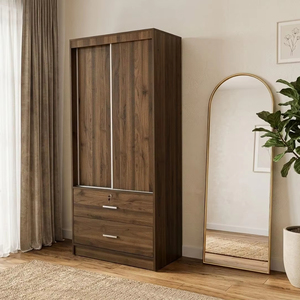 Armario de Dormitorio Moderno Contemporáneo de Dos Puertas con Panel Plano de Aglomerado, Plegable, Color Nogal, 2 Cajones, Tiradores de Aluminio W207 - Product Image 1