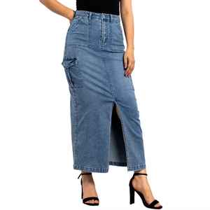 Custom 100% Cotton Blue Denim <b>Skirt</b> for Women Washed Vintage High Waist <b>Split</b> Women's New Fashion Retro Stretch Jean <b>Skirts</b> Cott - Product Image 1