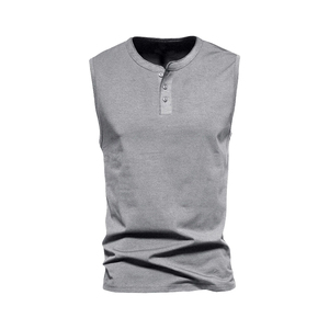 Débardeur sans manches gris pour homme, col rond, tricoté uni, 100 % coton écologique, décontracté, style muscle, avec boutons sur le devant - Product Image 5