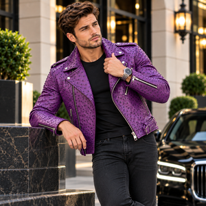Premium Men’s Purple Ostrich Leather <b>Biker</b> <b>Jacket</b> Embossed Motorcycle Riding <b>Jacket</b> Asymmetrical Zipper Belted Moto <b>Jacket</b> - Product Image 5