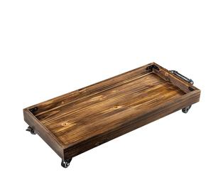 Plateau de rangement roulant multi-usage en pin massif rustique avec roulettes et poignées en tuyaux métalliques industriels - Product Image 1
