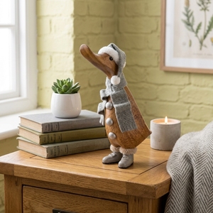 Handmade Wooden <b>Duck</b> Figurine with Gray Scarf and <b>Hat</b> Christmas Table Decoration Rustic Animal Sculpture for Living Room Display - Product Image 5