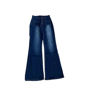Diseño de moda Señoras Denim personalizado botón Arriba Mujer Jeans Pantalones Azul acampanado Cinturón suelto cintura Boyfriend Jeans Cintura alta Jeans - Product Image 6