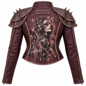 Blouson Biker Femme en Cuir Véritable Bordeaux avec Artwork DJ Personnalisé, Cape à Épaules Superposées et Clous – Fournisseur d'Usine OEM - Product Image 2