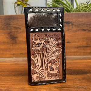 กระเป๋าสตางค์แบบยาวสองพับทำจากหนังวัวแท้สำหรับผู้ชายกระเป๋าสตางค์หนังวัวลายดอกไม้คุณภาพสูงใส่บัตรได้ - Product Image 2