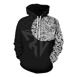 Sudadera con Capucha Gráfica al por Mayor Unisex Negra y Blanca con Estampado Dividido, Cordón Ajustable, Bolsillo Canguro y Puños Acanalados, Estilo Urbano Casual - Product Image 3