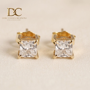 Designer 14KT Solid Yellow Gold IGI Certified Lab Grown <b>Diamond</b> <b>Square</b> Cut Stud <b>Earring</b> For Women Gift for Any Occasion - Product Image 2