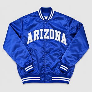 Chaqueta Varsity Azul Satinado para Hombre, Bordada con Letras, Estilo Bomber, Rayas Solares, Puños Acanalados Arizona, Abrigo - Proveedor Destacado - Product Image 3