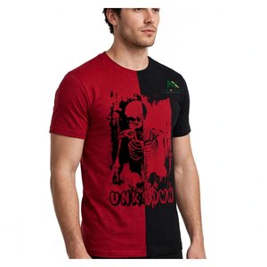 Camiseta de hombre roja y negra con bloques de color, estampado gráfico de esqueleto estilo grunge, manga corta, informal, top de verano, ropa urbana. - Product Image 3