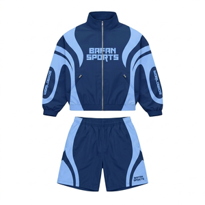 <b>Women</b> windbreaker short set polyester GSM lightweight breathable navy blue <b>light</b> blue panel design heat transfer logo plus size - Product Image 1