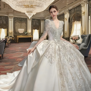 Pháp cổ điển dài tay áo váy cưới | thêu sang trọng với tàu lớn & cộng với kích thước hỗ trợ, ánh sáng sang trọng - Product Image 4