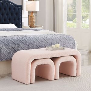 Modern Set of 3 U-Shaped Teddy Ottoman Bench Small Extra Seating for Entryway Bedroom or Sofa <b>Footrest</b> - Product Image 2