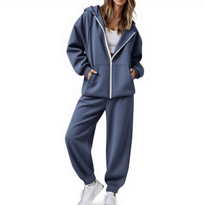 Ensemble de survêtement molletonné zippé 100 % coton uni pour femme, coupe ample, idéal pour la gym, personnalisable, vente en gros, OEM - Product Image 3