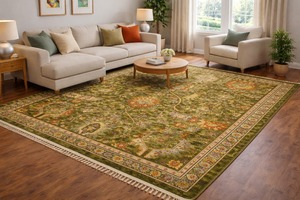 Tapis floral vert olive, tapis persan traditionnel fait main, tapis oriental vintage, salon, motif médaillon botanique - Product Image 4