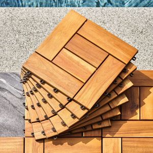 Set of 10 Interlocking Wooden Deck Tiles 6 Puzzle Slat Per Tile Row Acacia Brown Premium Quality Outdoor Decking - Product Image 1