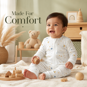 Combinaison bébé en coton à manches longues avec fermeture éclair bidirectionnelle |   Pyjama unisexe respirant à imprimé étoiles et lune, avec protège-menton et poignets extensibles, toutes tailles - Product Image 2