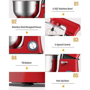 Impastatrice da Cucina in Acciaio Inox da 6,5 QT, 6 Velocità, con Testa Inclinabile, Gancio per Impasto, Frusta a Filo e Frusta Piatta per Uso Domestico - Product Image 6